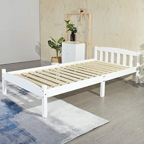 LiePu Lit Simple en Bois Massif avec Sommier en Lattes, Lit 1 Place pour Enfants et Adultes, 90 x 190 cm, Blanc