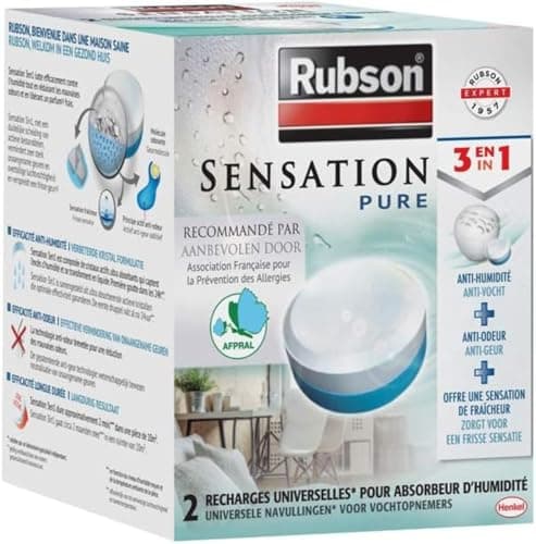 Rubson | Recharges Universelles Absorbeur d'Humidité Sensation Pure Parfum Neutre (2 x 300 g) – Recharges 3 en 1 anti-humidité, anti-odeur et sensation de fraîcheur
