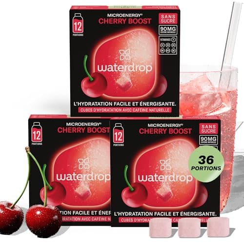 waterdrop® Coffret Microenergy, Boisson Énergisante Sans Sucre, Boisson à la Cerise, 36 Cubes Effervescents avec 90 mg de Caféine Naturelle, Vitamines B et C