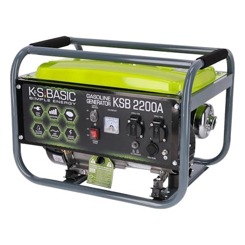 Groupe électrogène à essence KSB 2200A, puissance maximale 2200W, démarrage manuel, puissance moteur 5,5 CV, régulateur AVR, voltmètre, 2x16A (230V), sortie 12V, alternateur en aluminium