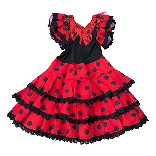 La Senorita Robe Espagnol Flamenco/Costume Niño Luxe - pour Filles/Enfants - Rouge Noir (Taille 12, 140-146 - Longeur 95 cm - 9-10 Ans)