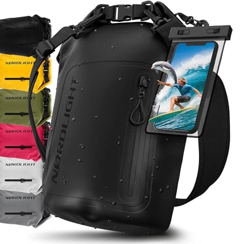 Nordlight Dry Bag Sac Étanche avec Pochette Étanche Téléphone, Fermeture Roll-Top, Bandoulière | Sac à Dos étanche Nautique, Sac Impermeable Etanche | Natation Plage Sup Bateau - Noir (Opaque), 20 L