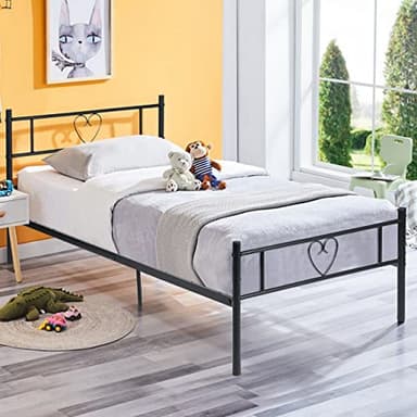 EGGREE Cadre de Lit Simple 90x190 Moderne Lit en Métal pour Enfants ou Adultes, avec Tête de Lit en Forme de Coeur Exquis et Solide Lattes, Noir