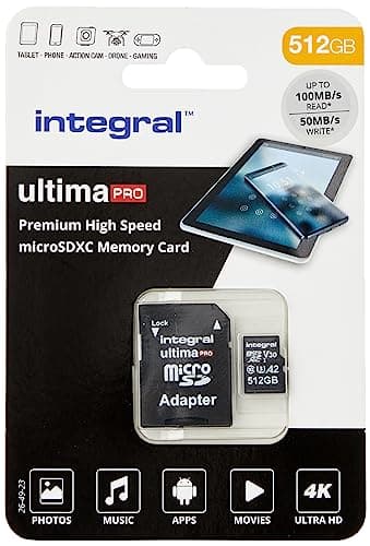 Integral Carte Mémoire 512Go Micro SDXC + Adaptateur SDHC/SDXC Premium Haute Vitesse jusqu'à 100MB/s Classe 10 V30 UHS-I U3