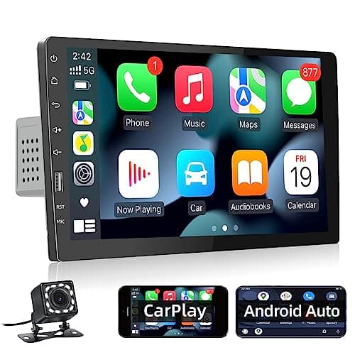 Podofo 9 Pouces Écran Tactile de Voiture Autoradio 1 Din avec Apple Carplay et Android Auto Stéréo de Voiture avec Bluetooth/FM Radio/SWC/Lien Miroir/USB + Caméra de Recul et Microphone