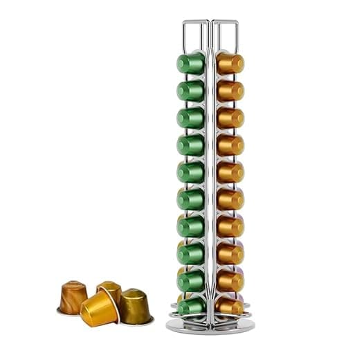 Porte Rangement pour Nespresso Capsules de Café, Supports pour 40 Capsules de Café Argent, 360 Degrés Rotable Range Coffee Capsule Stands, Distributeur de Capsules, Support de Rangement Dosette