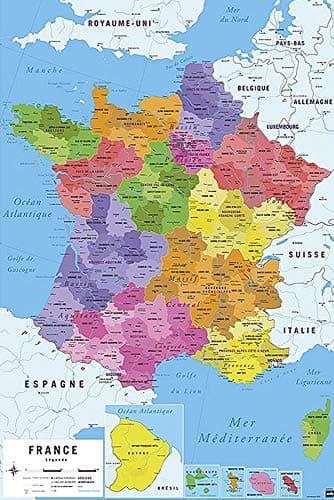 Poster Carte de France 2017 [en français] (61cm x 91,5cm) + 2 tringles Transparentes avec Suspension