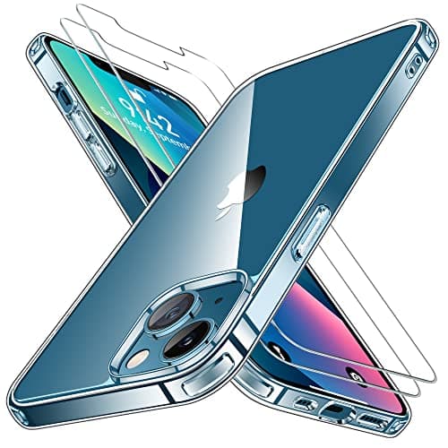 Niphabe Coque Compatible avec iPhone 13 avec 2 Verre Trempé Anti-Jaunissement Dur PC Housse Anti-Rayures Protection Case Antichoc Coque avec Bumper TPU Coque Compatible avec iPhone 13 (Transparent)