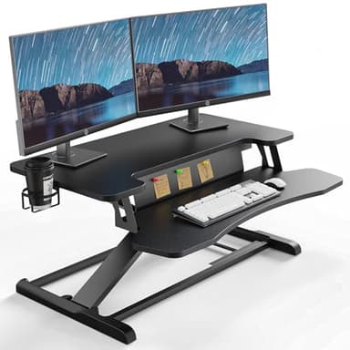 Poste de Travail Assis-Debout - 37'' Station de Travail Debout à Hauteur Facilement Réglable avec Plateau de Clavier, Bureau Assis-Debout avec Porte-Gobelet et Tableau de Notes jusqu'à 15kg, Noir