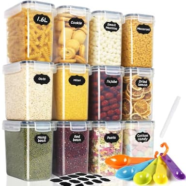 Cinnani 1.6L Boite de Rangement Cuisine Lot de 12, Sans BPA Bocaux Hermetiques Alimentaires en Plastique Scellée avec Couvercle, pour Stocker Les Cereales, Pâtes, Farine