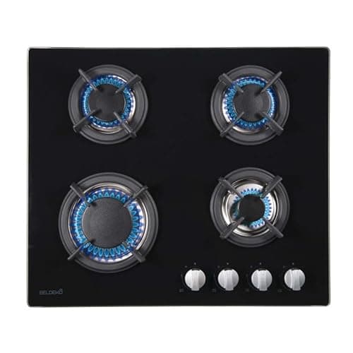 BELDEKO - Plaque de cuisson gaz 4 feux verre noir - 7500W - Grille fonte