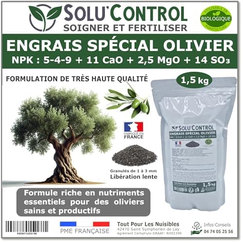 ENGRAIS Spécial OLIVIER 1,5 kg - SoluControl - Formulation haute qualité Organo-Minerale - NPK 5-4-9 - Utilisable en Agriculture BIOLOGIQUE