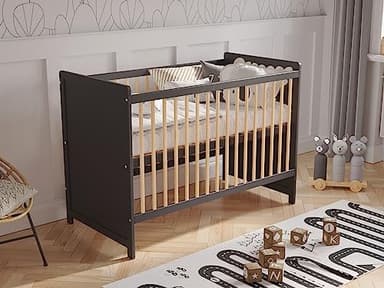 Love For Sleep Lit Bebe Evolutif 120x60cm Transformable avec Barrière de Sécurité Pin Anthracite Tokyo lit evolutif Bebe en Bois Lit évolutif Enfant - Baby Bed, lit Bebe Fille, garçon