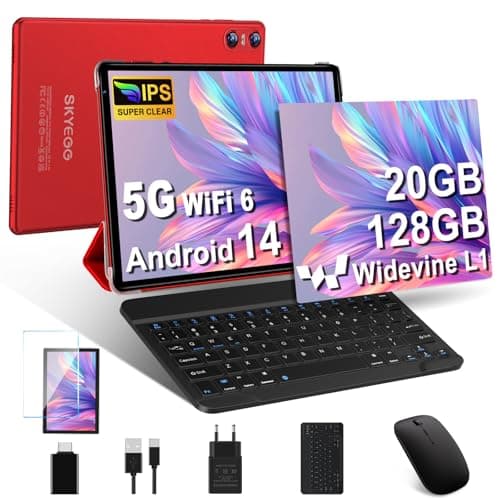 Tablette Android 14 avec 5G Wi-Fi 6, 20 GO RAM+128 GO ROM (Extensible Jusqu'à 1 To), Tablette Tactile avec Widevine L1, 8 Cœurs, 5MP+8MP, Tablette 10 Pouces avec Clavier+Souris et Cas, Rouge Cerise