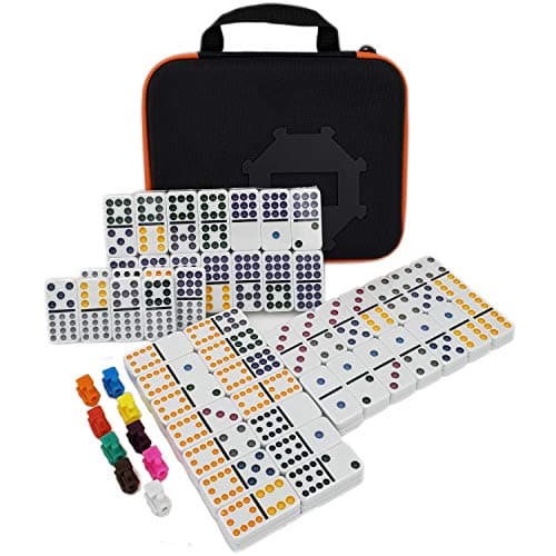 Kalolary Double 12 Jeu Dominos du Train Mexicain, 91 Jeux Dominos dans Une Boîte en Tissu avec 9 Trains Livret d'Instructions Blocs Score et Moyeu Forme d'Octogone Jeu Table pour Bureau Fête Famille