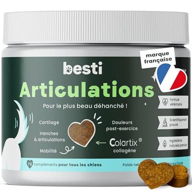 besti - Articulations | 75 Compléments Alimentaires Premium pour Chiens | Anti-Arthrose, Améliore la Mobilité Articulaire et Le Cartilage | Marque Française - Formule Vétérinaire | Au Poulet | 300 GR