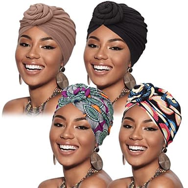 DRESHOW 4 Pièces Turban Africain pour Femme Bonnet Pré-noué Bonnet Chimio Casquette de Perte de Cheveux Chapeau
