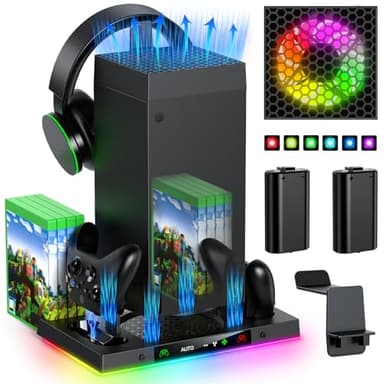 Ventilateur de Refroidissement Automatique & Support de Charge pour console Xbox Series X avec 15 Lumieres LED, Socle Accessoires pour Manette Xbox Series X, 2*Piles Rechargeables& Support pour Casque