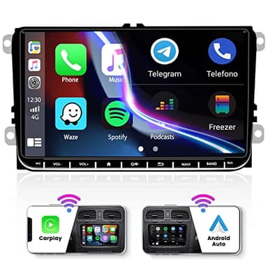 Hikity Android Autoradio pour VW Golf 5 6 Polo Seat Skoda Passat T5, Carplay inalámbrico Android Auto inalámbrico 9 Pouces Écran Tactile Radio Voiture avec GPS WiFi USB FM Bluetooth+ Canbus + Caméra