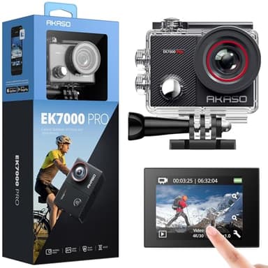 AKASO Caméra Sport 4K 30fps 20MP WiFi Caméra d'action avec Ecran LCD Tactile Ultra HD Stabilisateur, Télécommande 2.4 G, 170° Angle Réglable, Caméra étanche 40M et 2 Batteries - EK7000 Pro