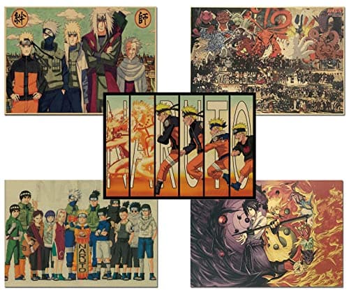 ZPPLD Naruto Anime Manga Lot de 5 posters – Grand tableau mural, vintage, en papier kraft, décoration d'intérieur, enroulés dans un carton solide, 51 x 36 cm