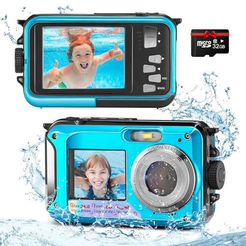 Helangel Appareil Photo Etanche Numérique,Full HD 2.7K 48MP Caméra sous-Marine Zoom Digital 16x Camera Etanche avec Double écran Caméra pour Adolescents Élèves Débutants Bleu