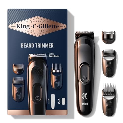 King C. Gillette Kit tondeuse à barbe pour homme, tondeuse sans fil + lames aiguisées de longue durée et 3 régulateurs de longueur interchangeables pour le soin de la barbe