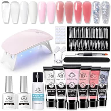 Ongle Gel Kit Complet avec Lampe 145PCS, 6 Couleurs Poly Extension Gel Nail Art Set, Rose Blanc Pailleté Vernis Semi Permanent, Base et Top Coat + Faux Ongles pour Nail Manucures Débutant Starter Kit