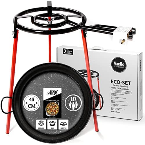 Alises - Kit de cuisson à paella (set écologique) avec poêle à paella en acier émaillé (46 cm) - brûleur à gaz (40 cm) et trépied