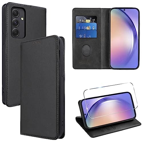 Vauki Coque Cuir pour Samsung Galaxy A54 5G 6.4" avec 1 Verre Trempé Etui à Rabat en PU Porte-Cartes Portefeuille Support Flip Housse Magnétique Antichoc Anti-Rayures Case pour Samsung A54 5G,Noir