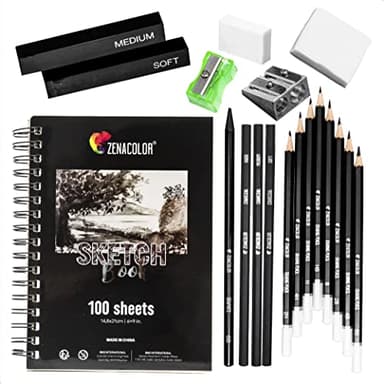 Kit de Dessin Complet - Debutant ou Professionnel - 19 accessoires : 8 Crayon Papier, 3 Crayons Charbon, 1 Graphite, 3 Bâtons Charbon, Carnet de Dessin 100 Pages - Cadeau Artistes Tous Niveaux