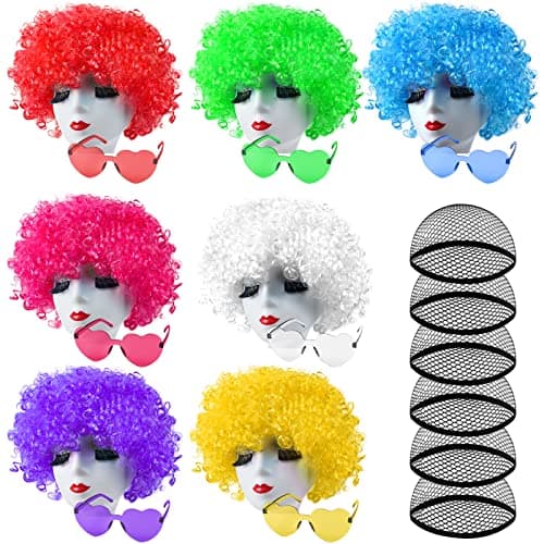 ELECLAND Lot de 7 perruques de fête 7 pièces Lunettes de soleil et bonnet de perruque, perruques afro bouclées néon Lot de lunettes de soleil Costume coloré cosplay perruque quotidienne