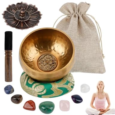 Bol Chantant,7.9cm Bol de Méditation Yoga avec Maillet en Bois/Coussin de Soie/7 Pierres de Chakra/Porte-encens/Sac, Bol de Méditation pour Méditation/Yoga/Relaxation Mentale, Bols Chantants Tibétains