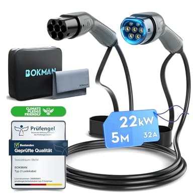 bokman Câble Recharge Voiture Electrique, Câble Type 2 (32A / 22kW / Triphasé / 5 mètres) Câble Recharge Type 2 Rapide Compatible avec Tesla et Tous Les BEV/PHEV
