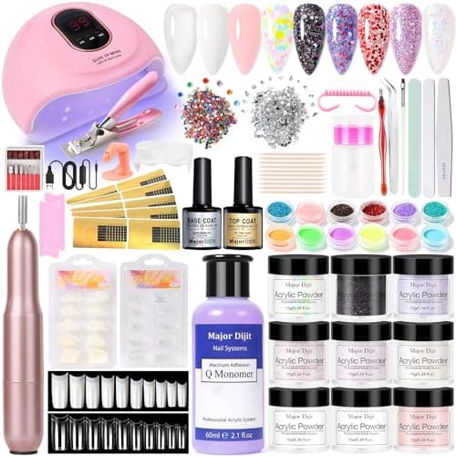 Kit d'ongles en acrylique, set de poudre d'acrylique, set de forets électriques pour ongles, kit de limes pour stylos à vernis, lampe de séchage pour ongles (Rouge)