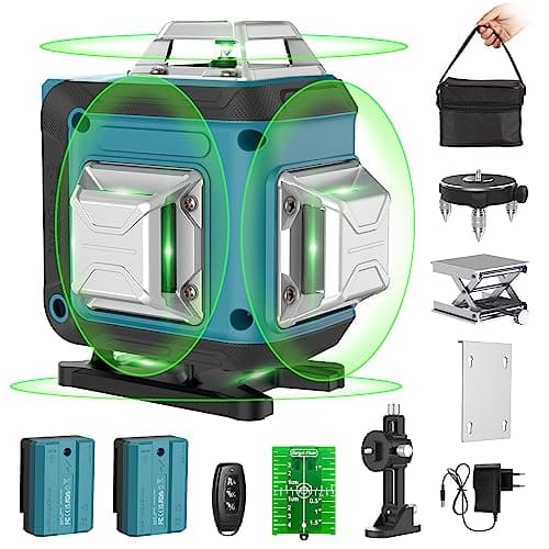 【Mode Impulsion】Niveau Laser Autonivelant Vert 4 x 360°, Laser Chantier 4D 16 Lignes, Autonivellement et Mode Pulsé Extérieur, 2 x Batterie, Nivellement Automatique, Support Rotatif, Télécommande
