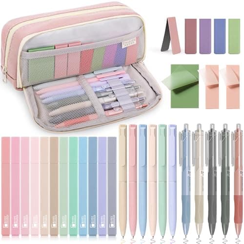 COZCLAM Lot de 32 Fourniture Scolaire Aesthetic avec Rose Trousse à Stylos, 12 Surligneurs Pastel, 6 Stylos Couleurs, 5 Stylos Encre Noire, 3 Notes Autocollantes pour étudiants Affaire Scolaire