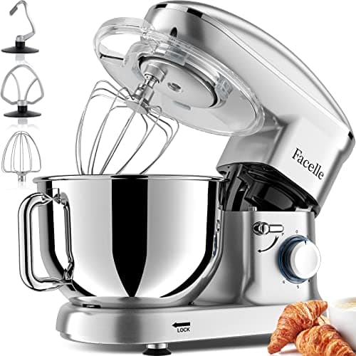 Robot Pâtissier 1500W Facelle Petit électroménager 6,2 L,avec Crochet Pétrisseur,Batteur,Fouet à Fil,protection contre les éclaboussures,pour la cuisson,les gâteaux (Argent)