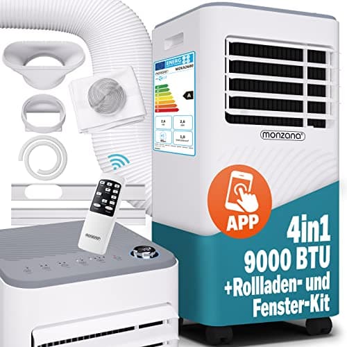 Monzana® Climatiseur Mobile MZKA2600 Tuyau d'évacuation 9000 BTU 4en1 1000W Alexa Déshumidificateur Kit volet Roulant