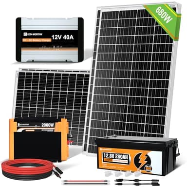ECO-WORTHY Kit Panneau Solaire avec Batterie Système Solaire 680W: 4 Panneaux Solaires 170W + 1 Batterie LiFePO4 280AH + Onduleur 2000W + Charge DC-DC 40A Systme pour camping car