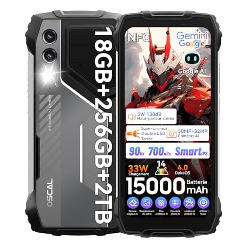 OSCAL Pilot 1 Telephone Portable Incassable Android 14, Gemini AI, 15000mAh/33W, Helio G81 18Go+256Go/2To Telephone Incassable, 6,67" HD+ 90Hz, AI 50MP+32MP, 700Nits, 170LM LED, IP69K/GPS/OTG/NFC