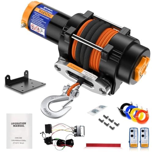 Anbull Treuil électrique 12V 4500LBS / 2045Kg, Corde Synthétique 5.5mm*15m（Orange), Télécommande Sans Fil*2 20m