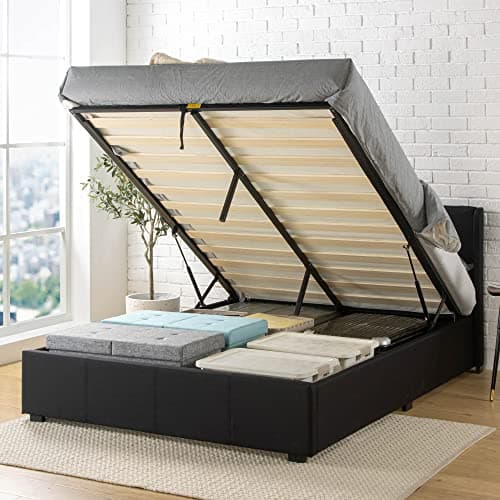 Zinus Maddon Lit 140x190 cm - Cadre de lit Hauteur 31 cm avec rangement sous le lit - Ottoman Gas Lift Cadre de lit capitonné avec rangement - Noir