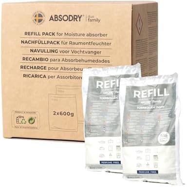 AbsoDry - Recharge déshumidificateur d'air Anti moisissure 2×600 g - Compatibilité Universelle - Empêche Les odeurs & retient l'humidité - Recharge absorbeur d'humidité