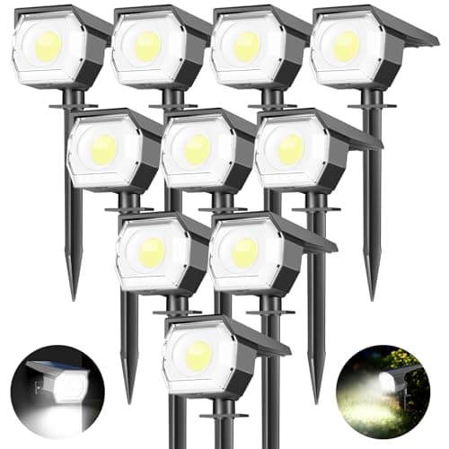 Lot de 10 Lampe Solaire Exterieur, 3 Modes Spot Solaire Exterieur Jardin, Fonction 2 en 1 et IP67 Étanche, 800lm 6000K Super Brillante lumiere solaire Pour Arbre, Cour, Allée, Chemin, Blanc Froid