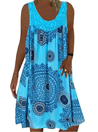 Minetom Dentelle Robe Été Femme de Plage Rétro Robes Col Rond Robes au Genou sans Manches Imprimé Floral Casual Tuniques Ample A Bleu Clair XL
