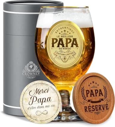 CROWNLY CRYSTAL® Verre à Bière Personnalisé Cadeau Papa Annonce Grossesse Meilleur Papa Anniversaire Homme Original