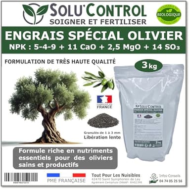 ENGRAIS Spécial OLIVIER 3 kg - SoluControl - Formulation haute qualité Organo-Minerale - NPK 5-4-9 - Utilisable en Agriculture BIOLOGIQUE