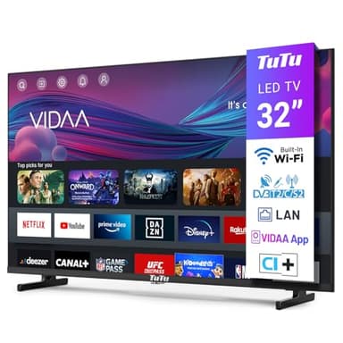 TuTu Smart TV 32 Pouces (80 cm) WiFi VIDAA Connectée Télévision sans Bord avec Triple Tuner(DVB-C/S2/-T2), VIDAA Remote App, Molotov, Netflix, Prime Video, Disney+, Youtube (TUV32HQ1B, 2024)
