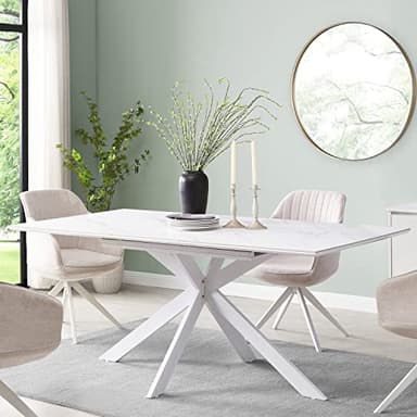 Varden Table de salle à manger extensible en céramique blanche pour 8 à 10 personnes